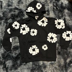 Black and white denim tear hoodie